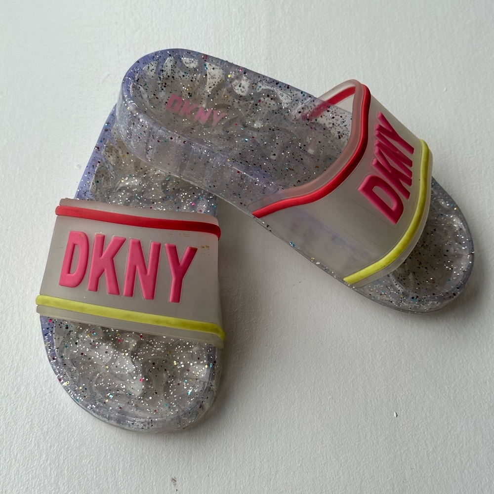DKNY Clear Glitter Logo Slide Sandal Size 10-11 Toddler